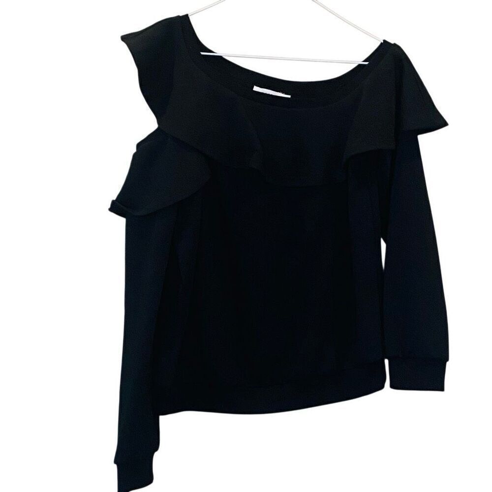 LUSH Long Sleeve Ribbed Cotton Blend One Shoulder Ruffle Sweatshirt Black XS